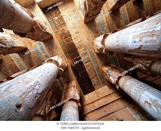 Hypostyle Hall. Dendera temple dedicated to Hathor goddess. Upper Egypt