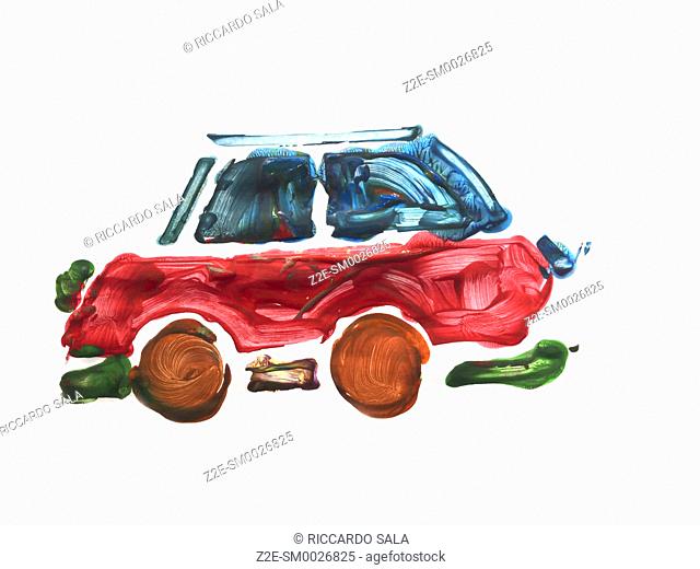 Children's Hand Painted Picture, Car Isolated on a White Background. .