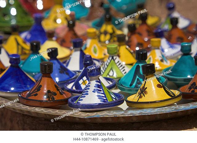 Display of small pottery tagines, Ouarzazate, Morocco
