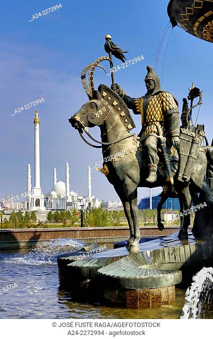 Kazakhstan, Astana City, New Administrative City, National Gallery Fountain and Hazret Sultan Mosque