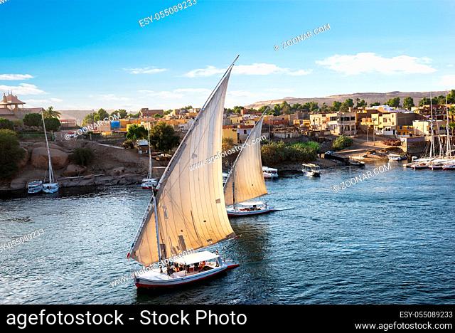 Sailboats in the waters of river Nile in Aswan at sunset, Egypt