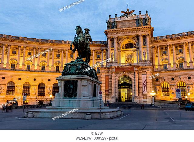 Austria, Vienna, view to lighted Hofburg Palace at twilight