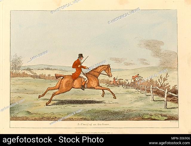Author: Sir Robert Frankland. Charging an Ox-fence, plate three from Indispensable Accomplishments - published June 24, 1811 - Sir Robert Frankland (English