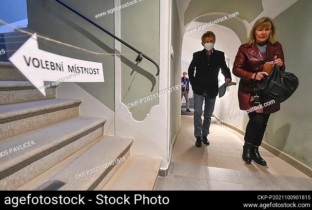 The President of the Senate of the Czech Republic Milos Vystrcil and his wife Ivana Vystrcilova vote during elections to the Chamber of Deputies of the...