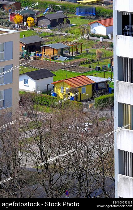 Karlsruhe - Durlach, Hochhaus, Wohnblock, Aussicht vom 14. Stock, Kleingartenanlage in der Stadt