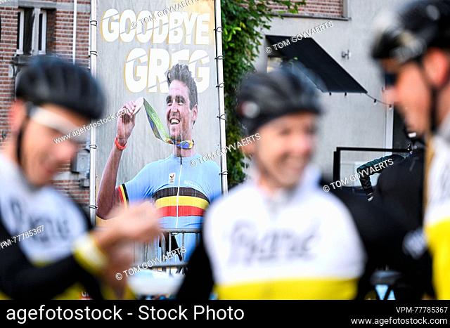 Illustration picture shows a banner during a farewell event 'Goodbye Greg' for cyclist Van Avermaet, in Dendermonde. Van Avermaet says goodbye to the cycling...