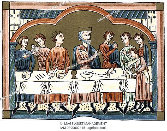 A Plantagenet king of England dining Henry II Reigned 1154-89 Chromolithograph from medieval manuscript