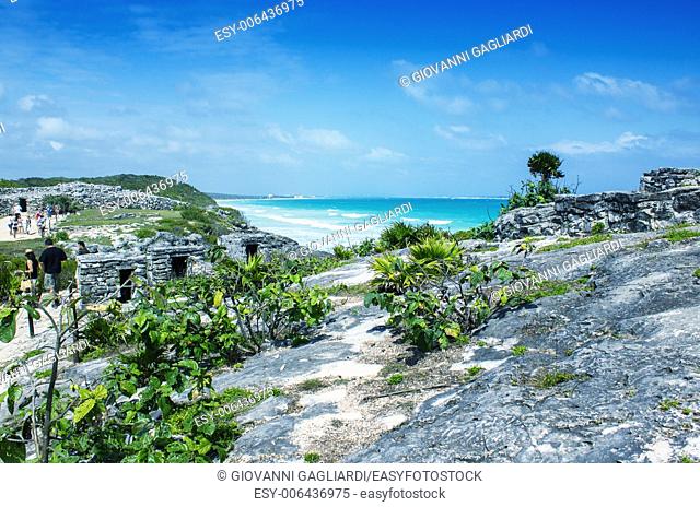 Mayan Ruins of Tulum along beautiful ocean, Mexico