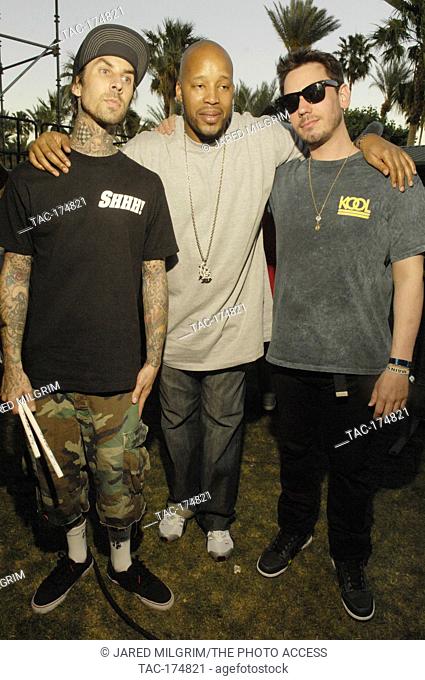 (L-R) Travis Barker, Warren G, and Adam ""DJ AM"" Goldstein portrait at the 2009 Coachella Music Festival in Indio