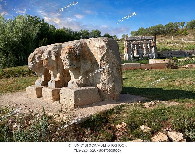Statues of bulls and Eflatun P?nar ( Eflatunp?nar) Ancient Hittite relief sculpture monument and sacred pool, and its Hittite relief scultures of Hittite gods