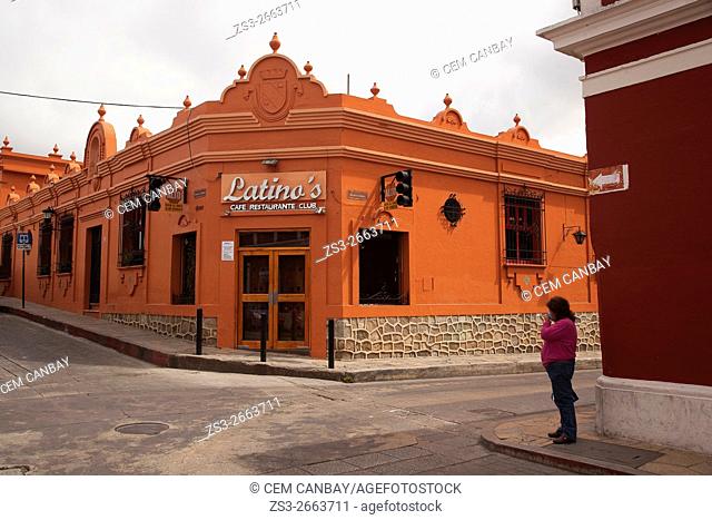 Woman in front of a restaurant in town center, San Cristobal de las Casas, Chiapas Province, Mexico, Central America
