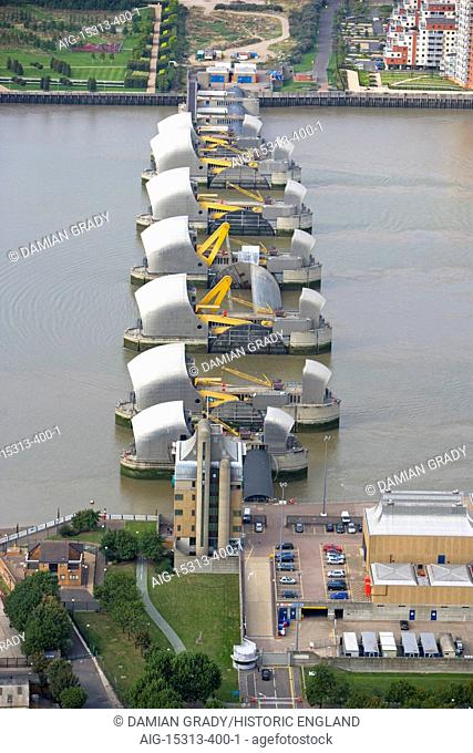 THAMES BARRIER, Woolwich Reach, London. Aerial view. A flood control structure built between 1974 and 1984 to help protect London from flooding