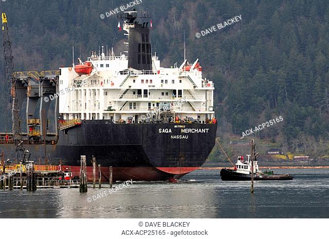 Tug helping freighter dock in Cowichan Bay, BC