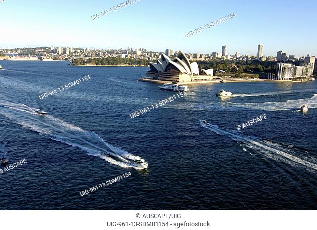 Sydney Harbor with Sydney Opera House view to east from Sydney Harbor Bridge, Sydney, New South Wales, Australia