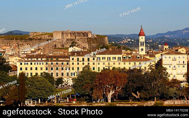 Greece, Greek Islands, Ionian Islands, Corfu, Corfu Town, old town, old fortress, view from there onto part of the old town with Agios Spiridon church