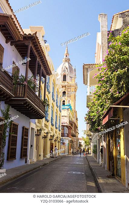Street with colonial houses and at the end the tower of the Cathedral Basilica of Saint Catherine of Alexandria in the ancient walled city of Cartagena de...