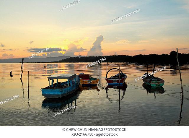 sunrise at Buntal Fishing Village and Small fishing boats, kuching, Sarawak, malaysia