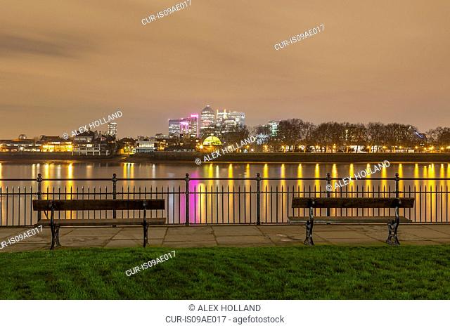 View of Canary Wharf and the Thames at night, London, United Kingdom