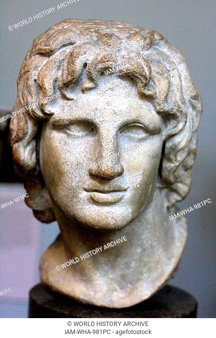 Portrait sculpture of Alexander the Great. Made of marble, said to be from Alexandria. Greek, 2nd-1st century BC