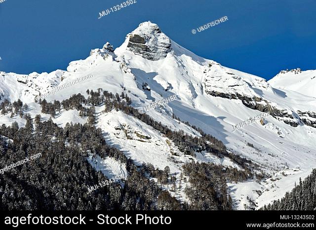 Pointe d'Aufalle mountain peak in winter, Bernese Alps, Ovronnaz, Valais, Switzerland