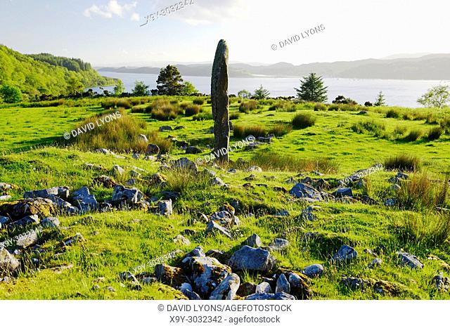 Kintraw prehistoric megalith standing stone at the head of Loch Craignish near Kilmartin, south of Oban, Argyll, Scotland. Solstice alignment to Jura