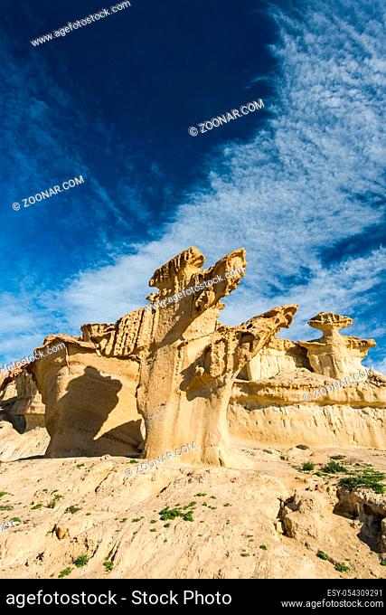 Erosion rock natural formations in Bolnuevo, Spain. Desert landscape at sunny day