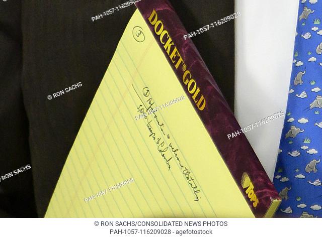 Detail of visible notes on a pad held by National Security Advisor John R. Bolton as he conducts a briefing in the Brady Press Briefing Room of the White House...