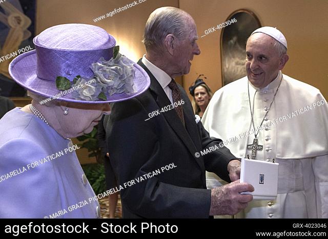 Vatican City, Vatican, 03 April 2014. Pope Francis meets Queen Elizabeth II and Prince Philip, Duke of Edinburgh for a private audience during their one-day...