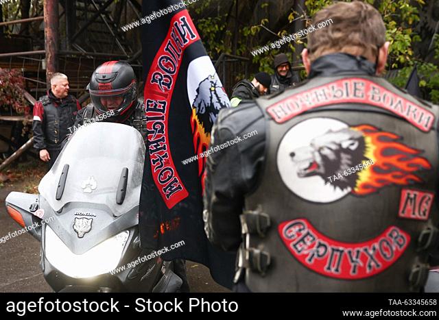 RUSSIA, MOSCOW - OCTOBER 14, 2023: Riders gather outside the Sexton Bike Centre for a motorcycle run by the Night Wolves Club to close the season
