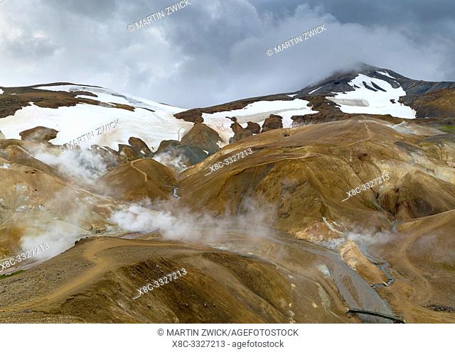 Landscape in the geothermal area Hveradalir in the mountains Kerlingarfjoell in the highlands of Iceland. Europe, Northern Europe, Iceland, August