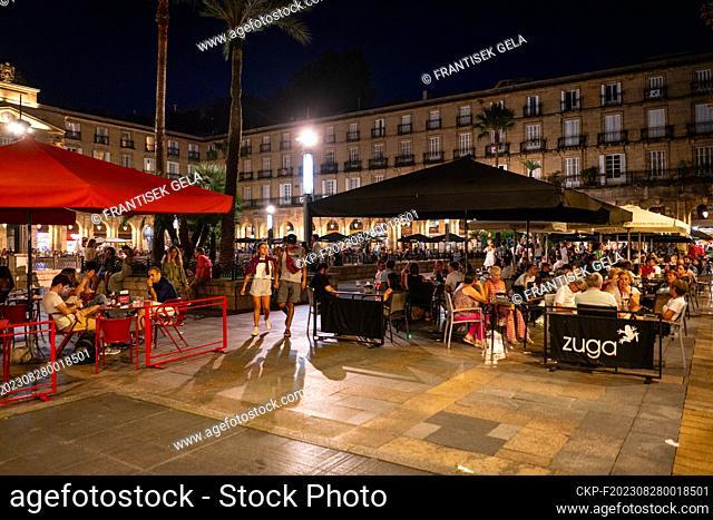 Bilbao, the largest city in Basque country in Spain and the capitol of the province of Biscay on July 28, 2023. Plaza Nueva Square with number of tapas (pinxos)...