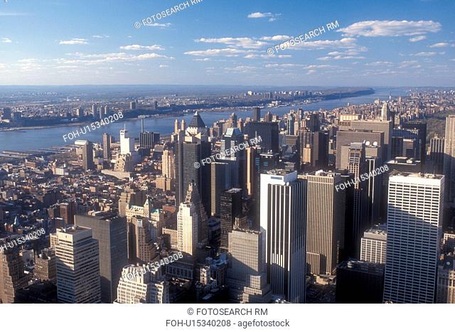 New York City, Manhattan, New York, N.Y.C Aerial view of New York City, New York looking northwest towards Midtown Manhattan and East River (Hudson River) from...
