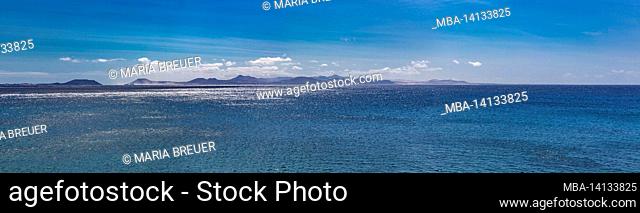 view of the islands of isla de los lobos and fuerteventura, panorama, playa blanca, lanzarote, canaries, canary islands, spain, europe