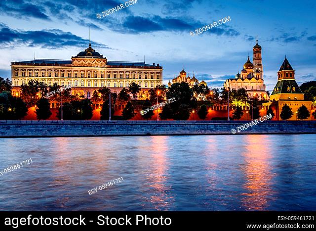 Moscow Kremlin and Moscow River Illuminated in the Evening, Russia