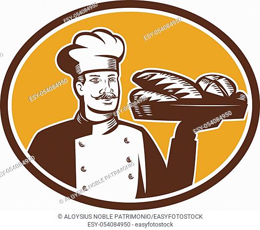 Woodcut illustration of a baker serving bread loaf on tray viewed from front set inside oval shape done in retro style