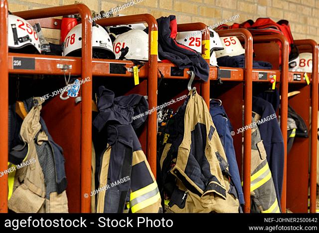 Firefighters uniforms in locker