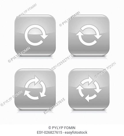 4 arrow icon. White repeat, reload, rotation, refresh sign. Set 02. Gray rounded square button with gray reflection, black shadow on white background