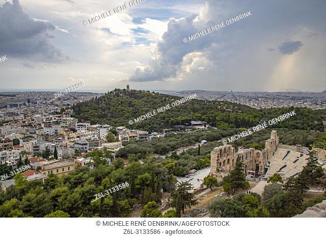 Aerial view of Odeon of Herodes Atticus, part of ancient Acropolis of Athens city, Greece