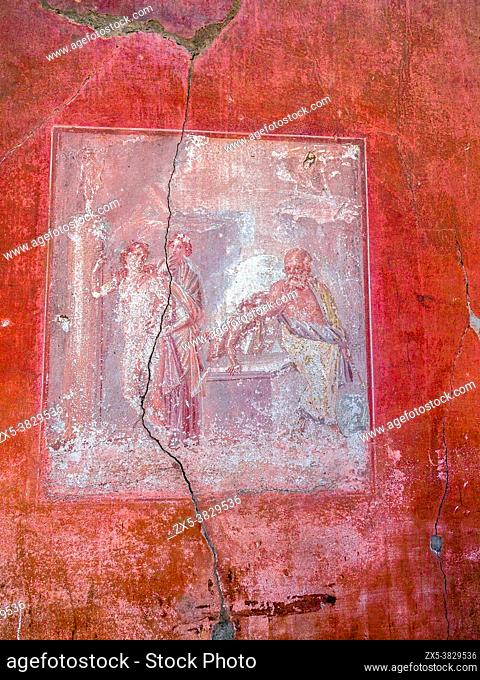 Fresco depicting a Dionysian scene - House of the Great Portal (Casa del Gran Portale) - Herculaneum ruins, Italy