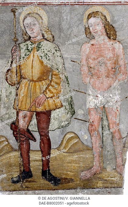 Saint Roch and Saint Sebastian, fresco in the church of Saint Bartholomew, Albino, Lombardy, Italy, 15th century