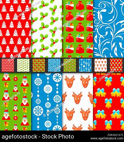 Set seamless christmas pattern santa xmas stag toys snowflakes for textile design and packaging paper - illustration