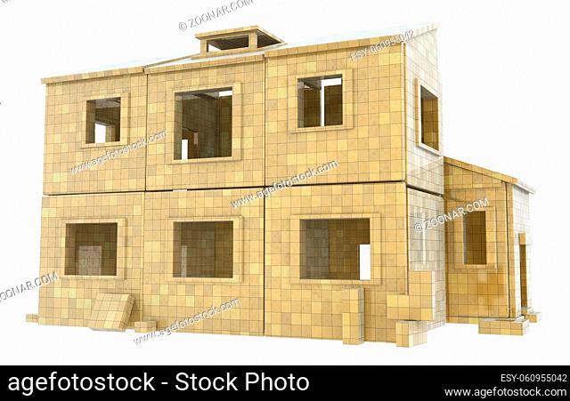House built out of blocks, 3d illustrationabstract, horizontal