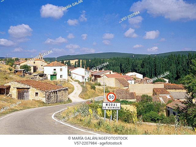 Road and overview of the village. Moral de Hornuez, Segovia province, Castilla Leon, Spain