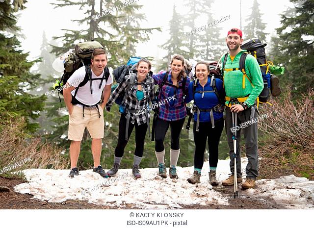 Group of friends on hiking trip, Lake Blanco, Washington, USA