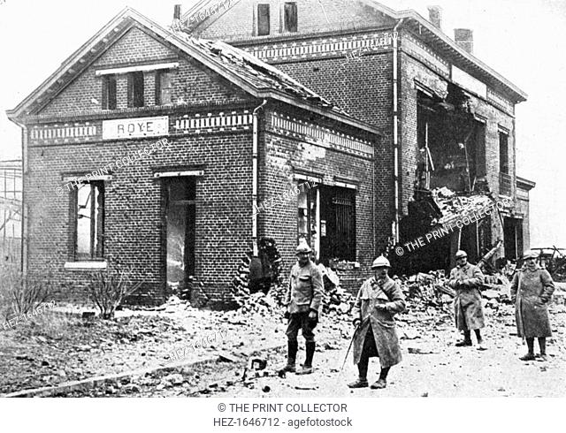 Damaged railway station at Roye, France, First World War, 1918, (c1920). Illustration from The Illustrated War Record of the Most Notable Episodes in the Great...