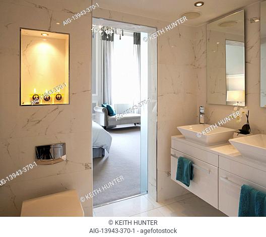 En suite bathroom with view to bedroom, Devonshire Terrace, Glasgow, Scotland, UK