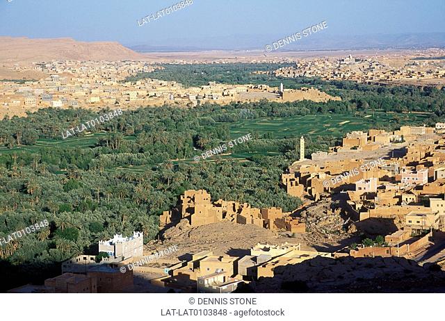 View from mountains. High Atlas. Town. Palmeries, plantations on valley floor. Green vegetation. Oasis