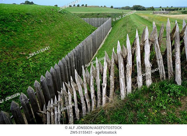Palisade and treche in Dybbol Trenches, the old battlefield from 1864, in Sönderborg, South Jutland, Denmark