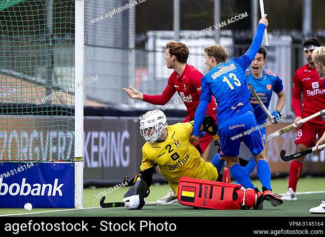 Belgium's Loic van Doren and Dutch Dennis Warmerdam pictured in action during a hockey game between the Netherlands national team and the Belgian Red Lions