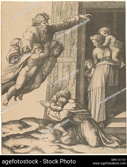 God carried by angels, appearing to Noah and his family, after the Flood. Artist: Marcantonio Raimondi (Italian, Argini (?) ca